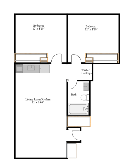 Floor plan for 2 beds, 1 bath, 687 sqft